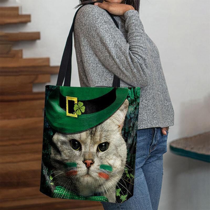 Kvinnor Clover Cat Mönster Print Happy St Patrick Day Axelväska Handväska Tote