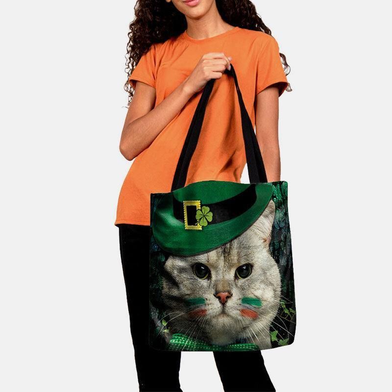 Kvinnor Clover Cat Mönster Print Happy St Patrick Day Axelväska Handväska Tote