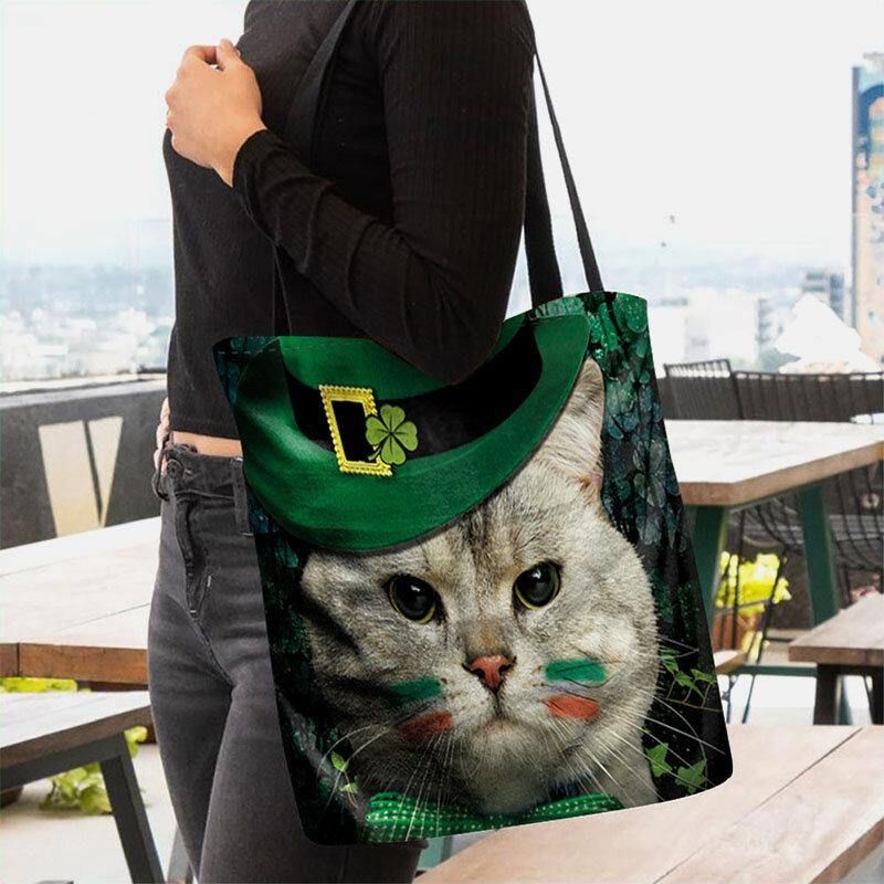 Kvinnor Clover Cat Mönster Print Happy St Patrick Day Axelväska Handväska Tote