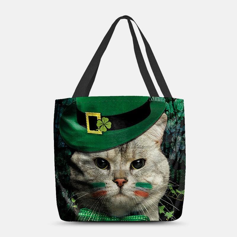 Kvinnor Clover Cat Mönster Print Happy St Patrick Day Axelväska Handväska Tote