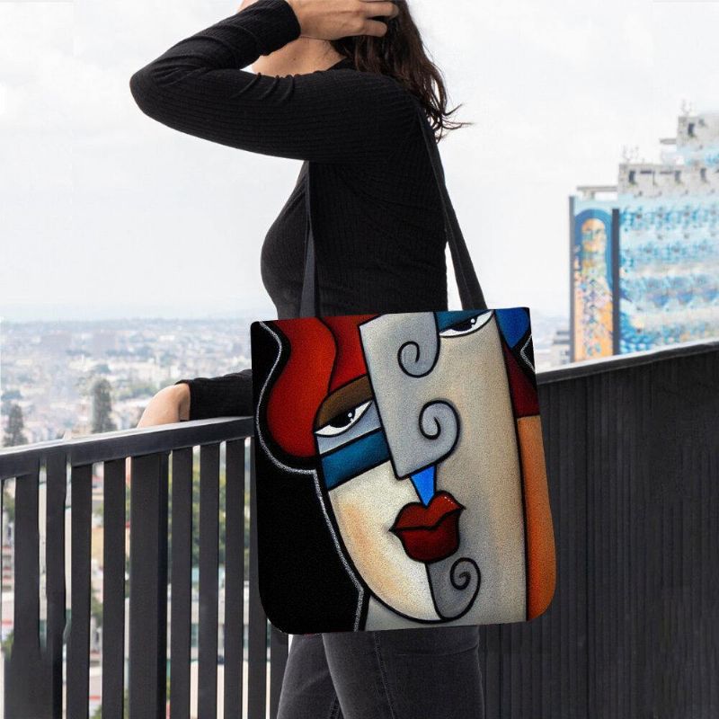 Kvinnor Filt Picasso Style Flerfärgad Tecknad Figur Print Handväska Axelväska Tote