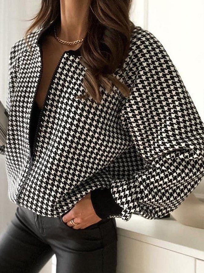 Crew Neck Daily Houndstooth Loose Jacket