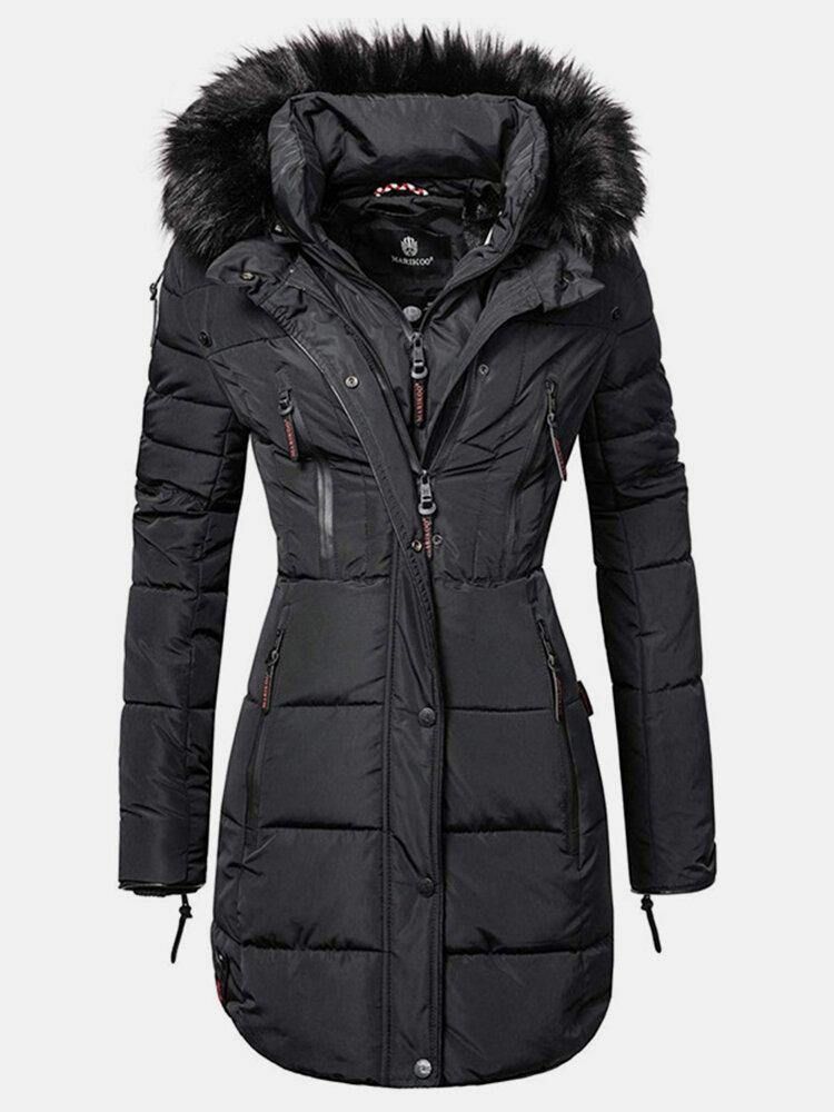 Kvinnor Enfärgad Multi Pocket Dragkedja Front Fuskpälskrage Hooded Coat