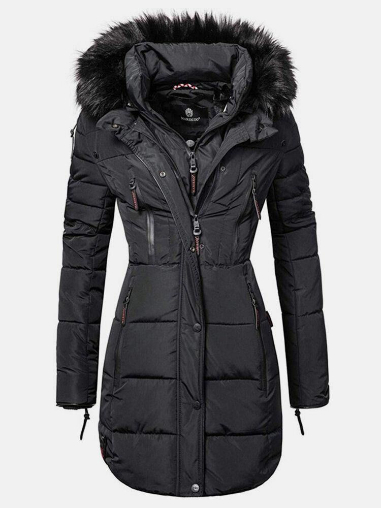 Kvinnor Enfärgad Multi Pocket Dragkedja Front Fuskpälskrage Hooded Coat