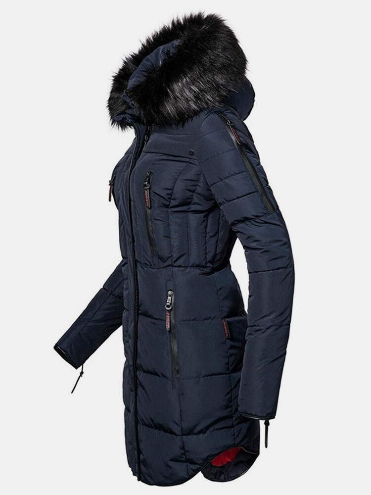 Kvinnor Enfärgad Multi Pocket Dragkedja Front Fuskpälskrage Hooded Coat