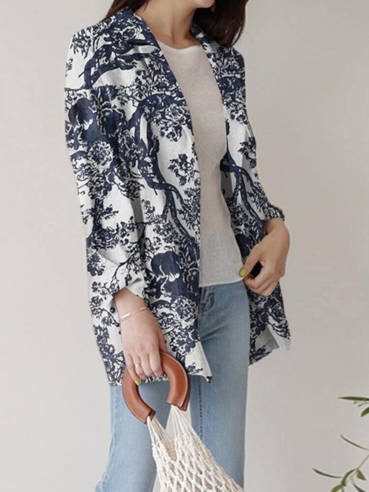 Kvinnor Loose Lapel Full Sleeve Floral Casual Sidofickor Kappa