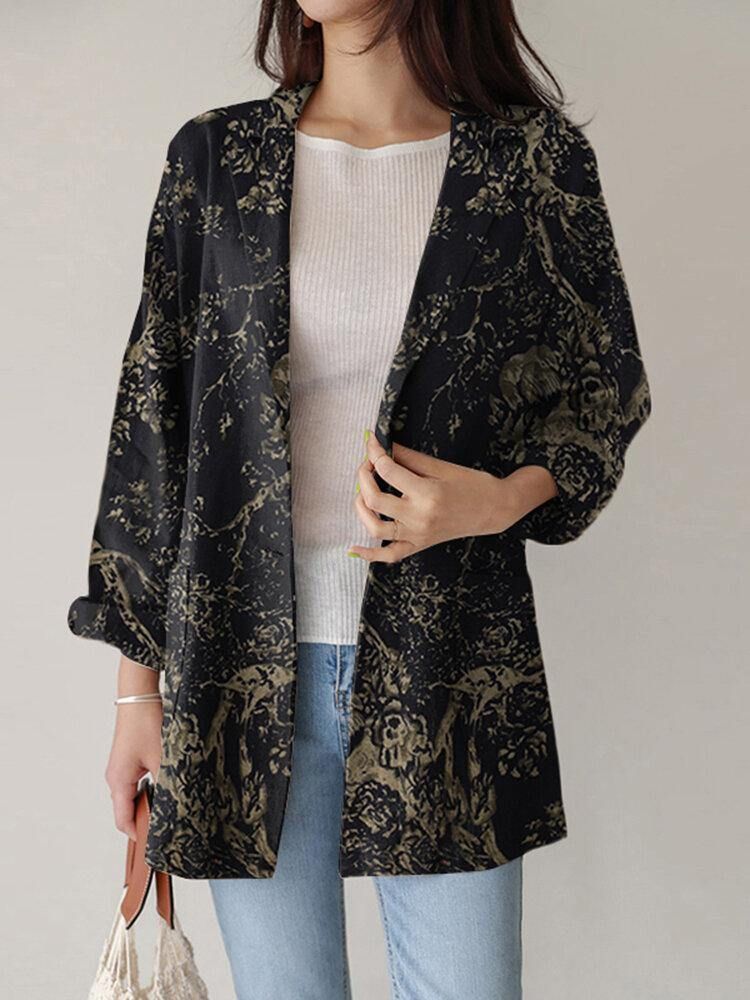 Kvinnor Loose Lapel Full Sleeve Floral Casual Sidofickor Kappa