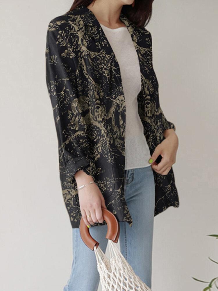 Kvinnor Loose Lapel Full Sleeve Floral Casual Sidofickor Kappa