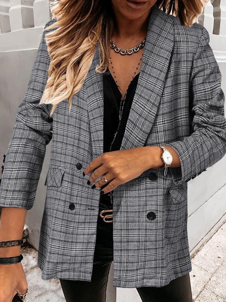 Kvinnor Pläd Dubbelknäppt Lapel Casual Långärmad Tunna Blazers