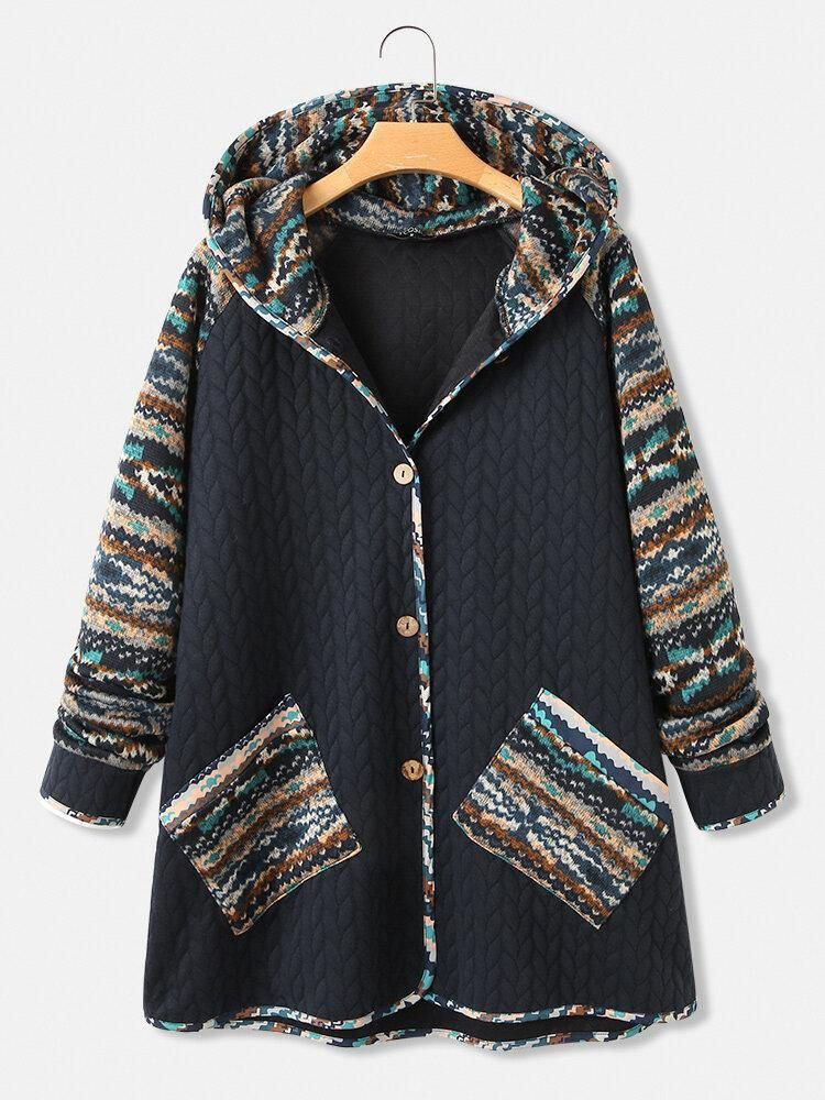 Kvinnor Vintage Etniska Mönster Print Patchwork Hooded Coat Med Ficka