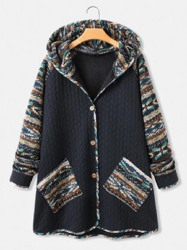 Kvinnor Vintage Etniska Mönster Print Patchwork Hooded Coat Med Ficka