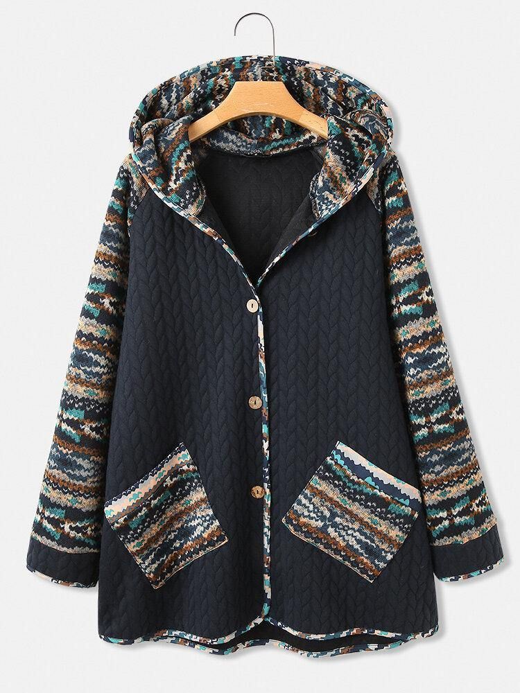 Kvinnor Vintage Etniska Mönster Print Patchwork Hooded Coat Med Ficka