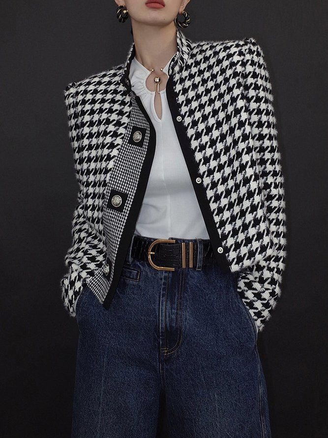 Långärmad Loose Houndstooth Stand Collar Jacket