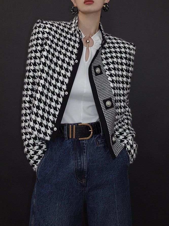 Långärmad Loose Houndstooth Stand Collar Jacket