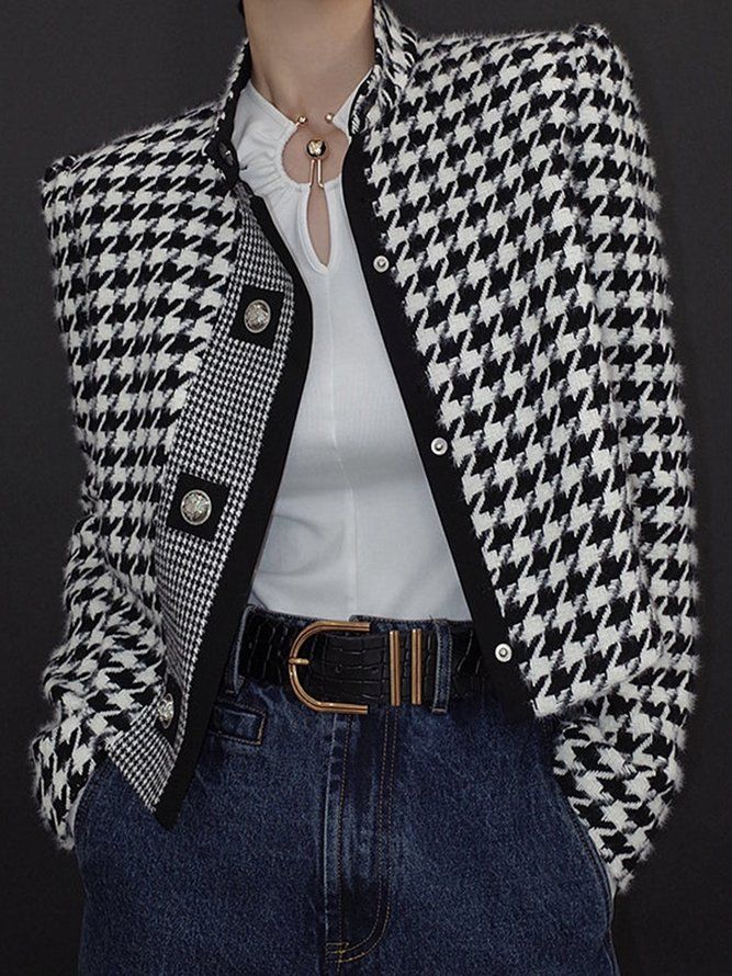 Långärmad Loose Houndstooth Stand Collar Jacket