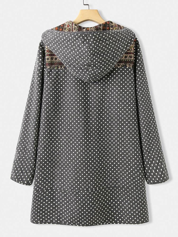 Polka Dot Långärmad Hooded Patchwork Fleece Side Pocket Coats För Kvinnor