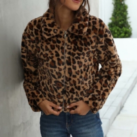 Vintage Leopard Print Lapel Dragkedja Slim Fit Faux Fur Cotton Jacka