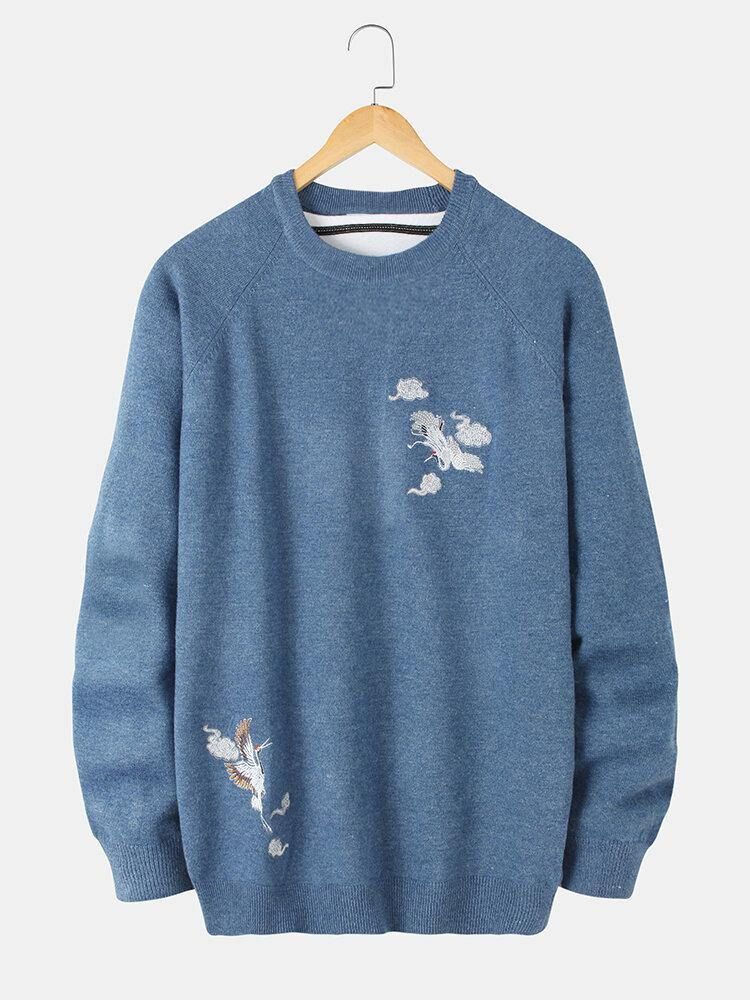 Herr Chinoiserie Crane Broderi Raglan Ärmar Varma Stickade Tröjor