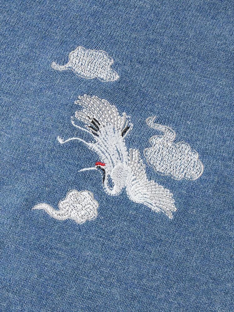 Herr Chinoiserie Crane Broderi Raglan Ärmar Varma Stickade Tröjor