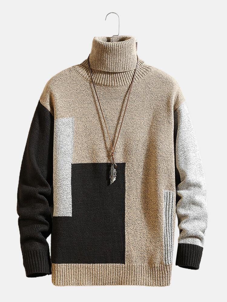 Herr Color Block Turtleneck Stickad Rib Casual Pullover Tröjor