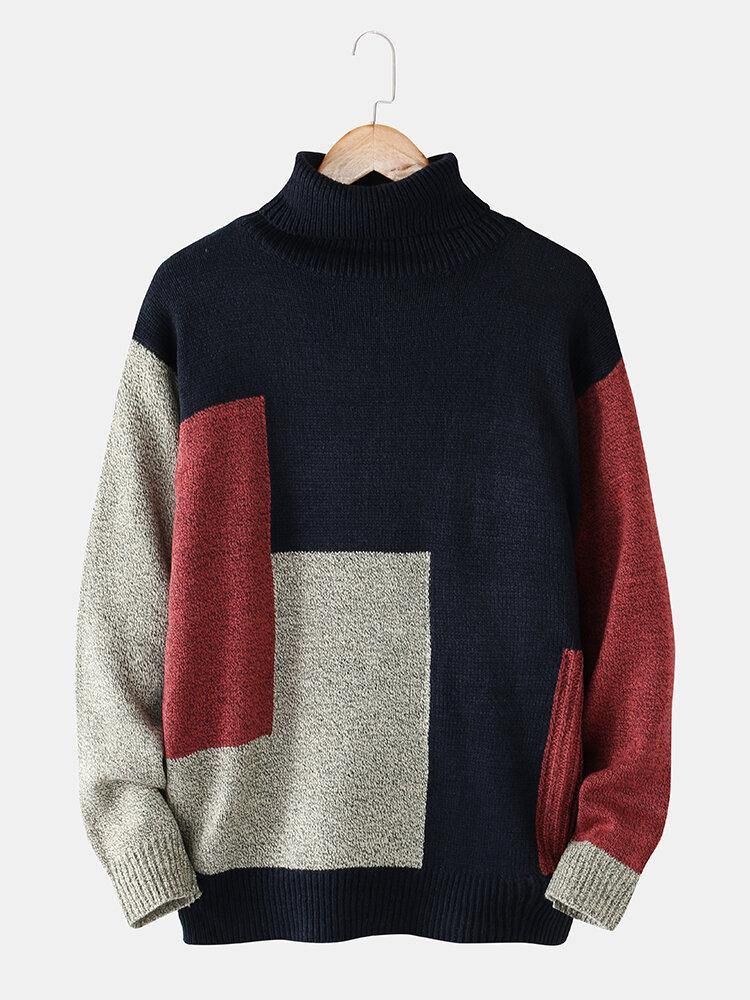 Herr Color Block Turtleneck Stickad Rib Casual Pullover Tröjor