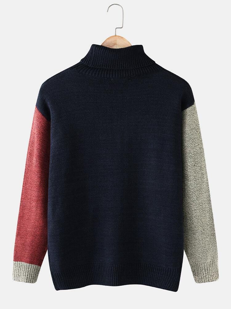 Herr Color Block Turtleneck Stickad Rib Casual Pullover Tröjor