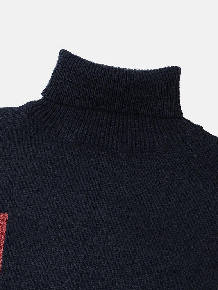 Herr Color Block Turtleneck Stickad Rib Casual Pullover Tröjor