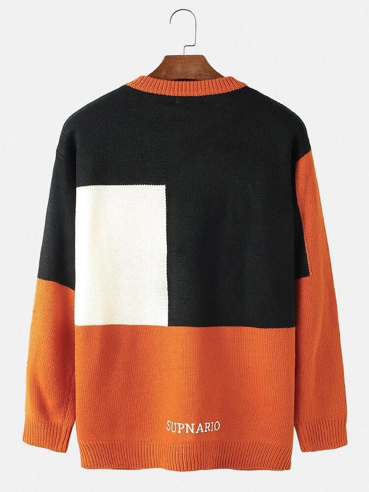 Mäns Kontrastfärg Abstrakt Figur Tryck Crew Neck Casual Pullover Tröja