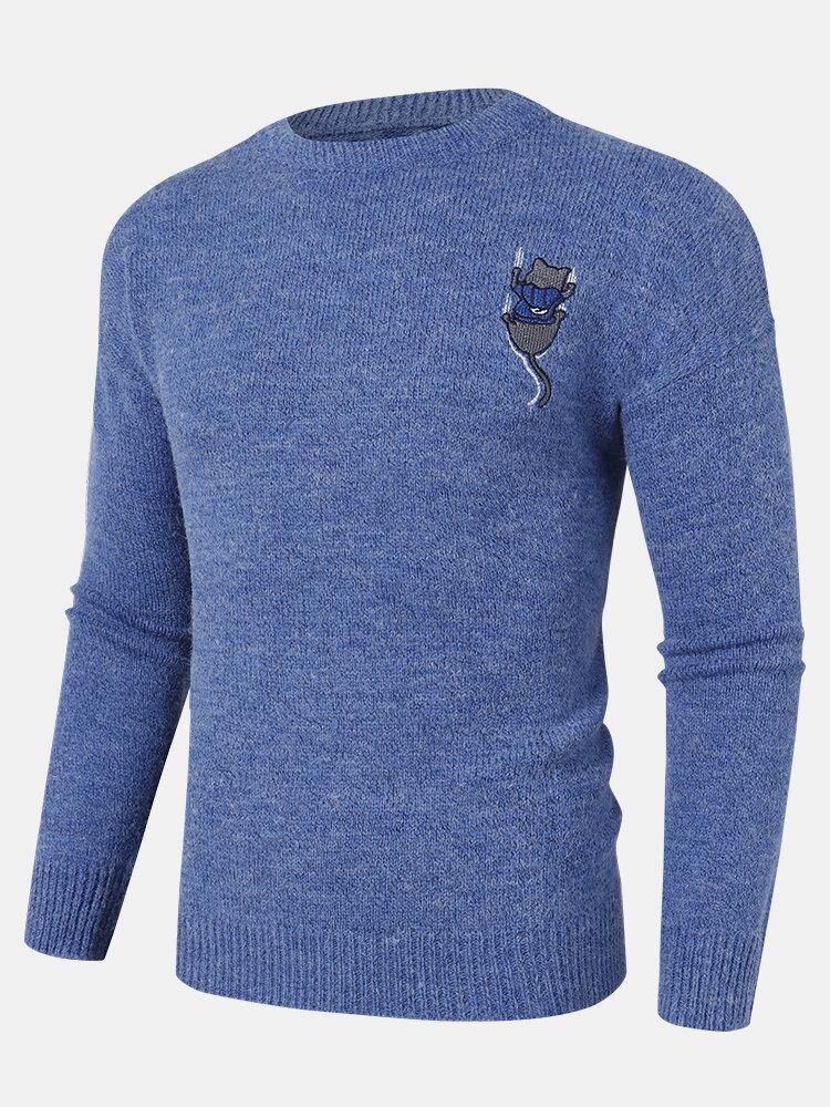 Mäns Rygg Tecknad Cat Brev Broderi Crew Neck Stickad Pullover Sweaters