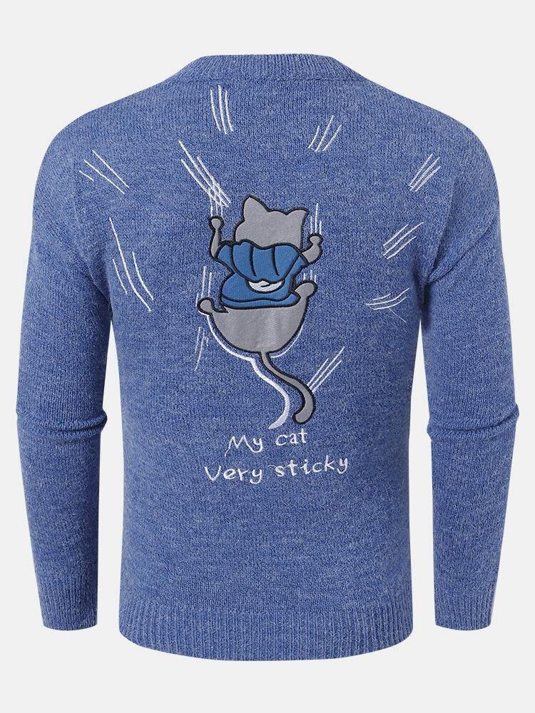 Mäns Rygg Tecknad Cat Brev Broderi Crew Neck Stickad Pullover Sweaters