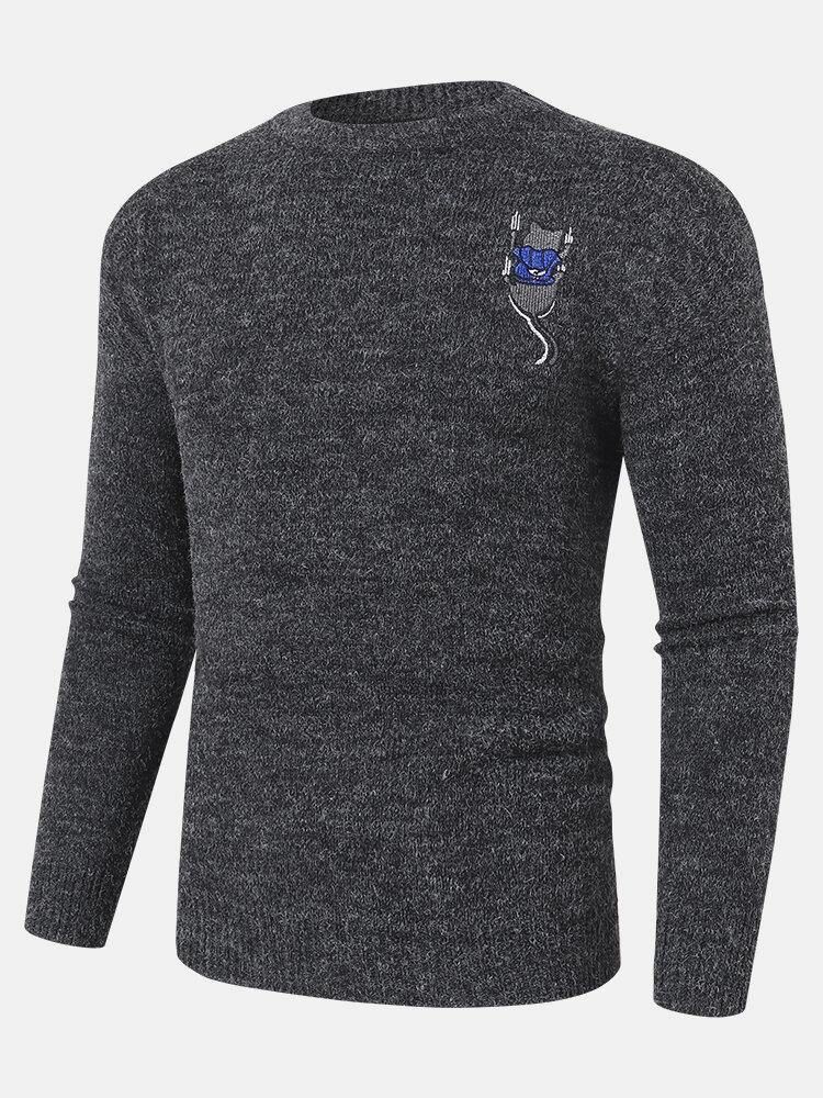 Mäns Rygg Tecknad Cat Brev Broderi Crew Neck Stickad Pullover Sweaters