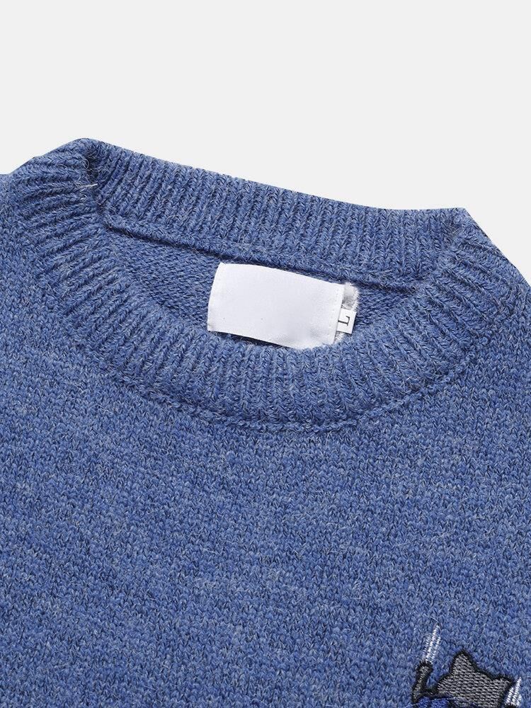 Mäns Rygg Tecknad Cat Brev Broderi Crew Neck Stickad Pullover Sweaters