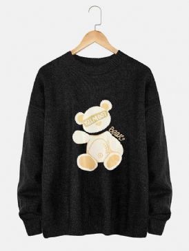 Mäns Tecknade Bear Print Crew Neck Stickade Casual Pullover-Tröjor