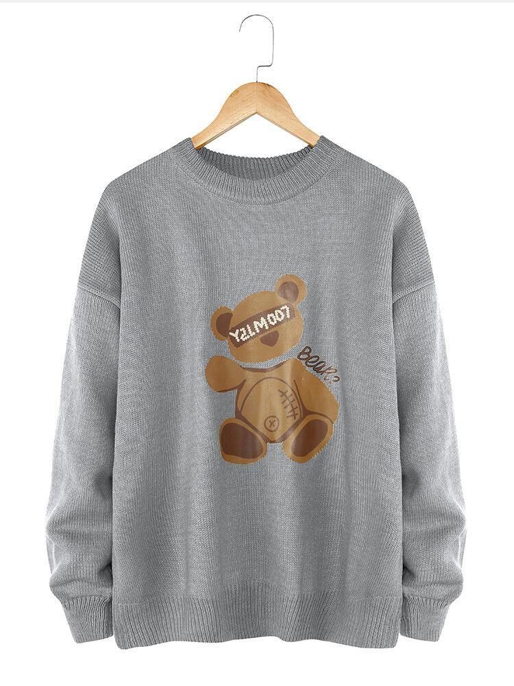 Mäns Tecknade Bear Print Crew Neck Stickade Casual Pullover-Tröjor