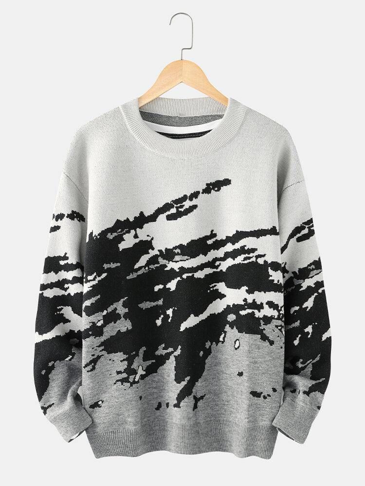 Ribbstickat Mönster För Män Drop Shoulder Casual Pullover-Tröjor