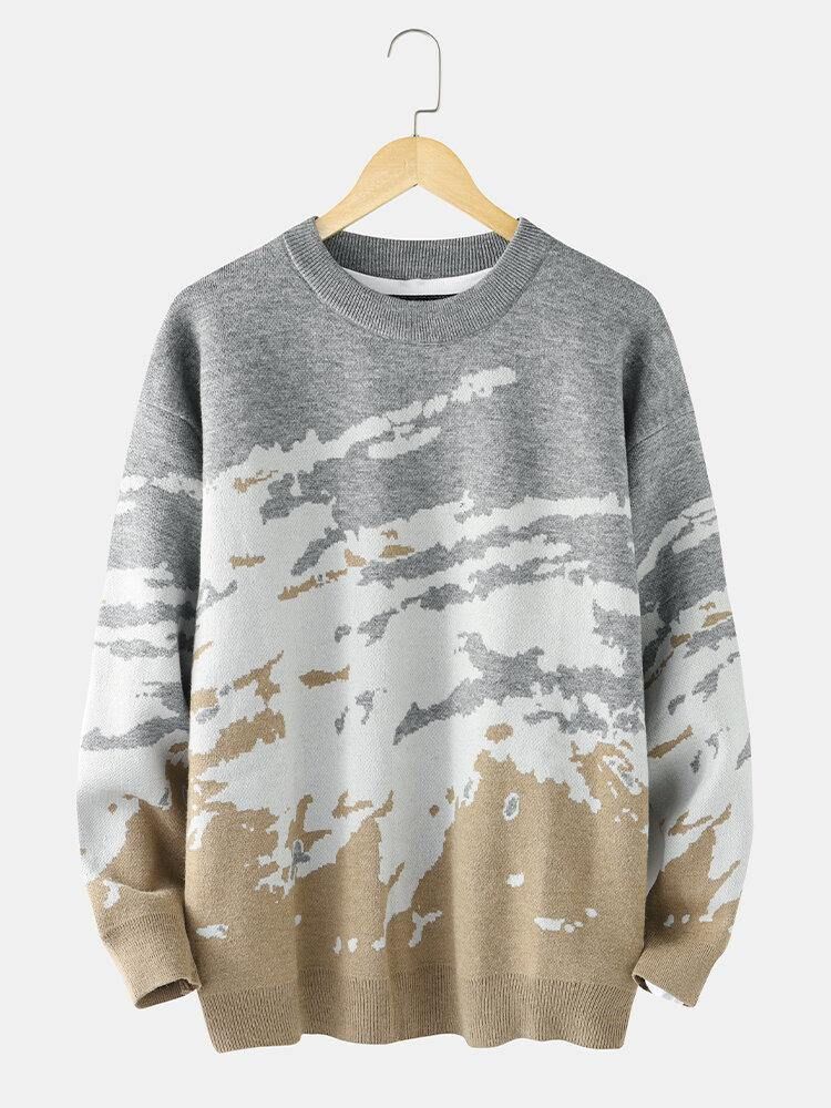 Ribbstickat Mönster För Män Drop Shoulder Casual Pullover-Tröjor