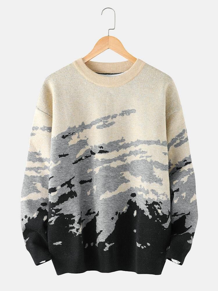 Ribbstickat Mönster För Män Drop Shoulder Casual Pullover-Tröjor