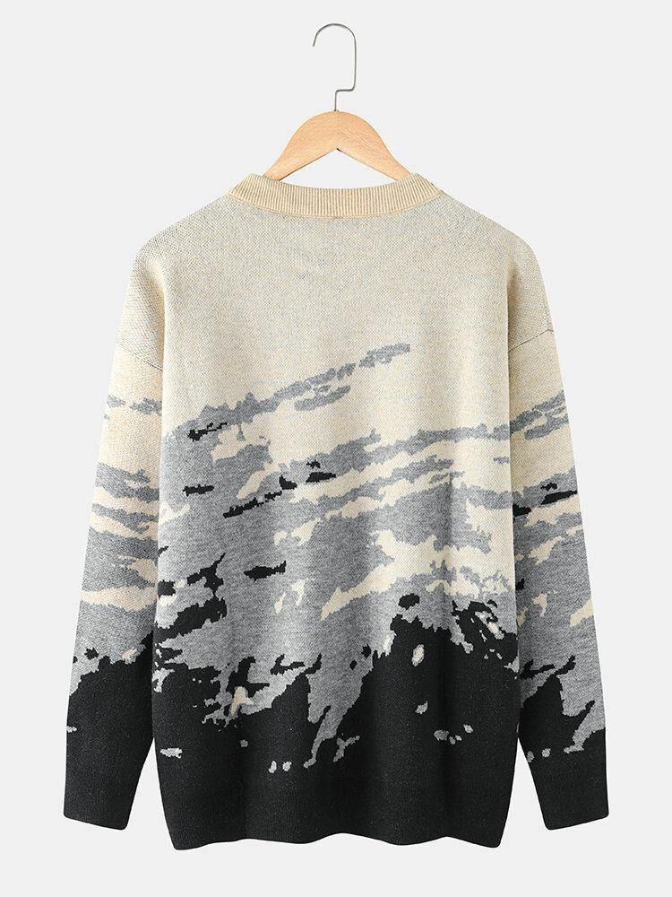 Ribbstickat Mönster För Män Drop Shoulder Casual Pullover-Tröjor