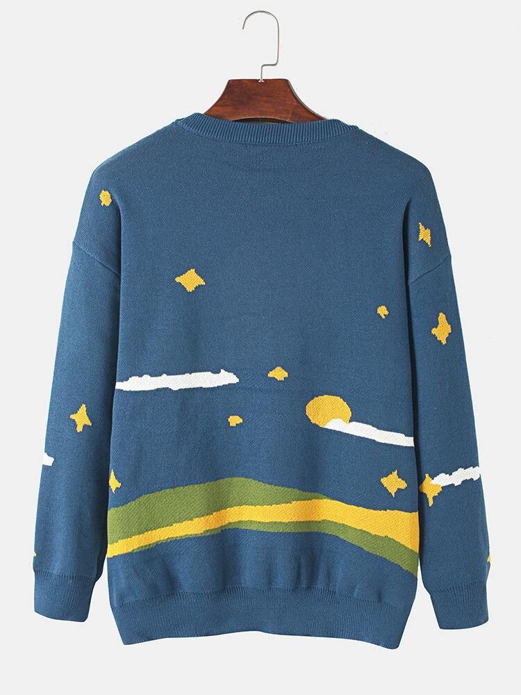 Stjärnhimmelsmönster För Män För Stickning Drop Shoulder Pullover Tröjor