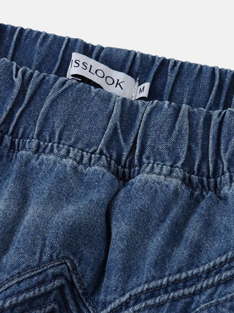 Kvinnor Nödställda Enfärgad Elastisk Midja Lös Jeanskjol Med Ficka