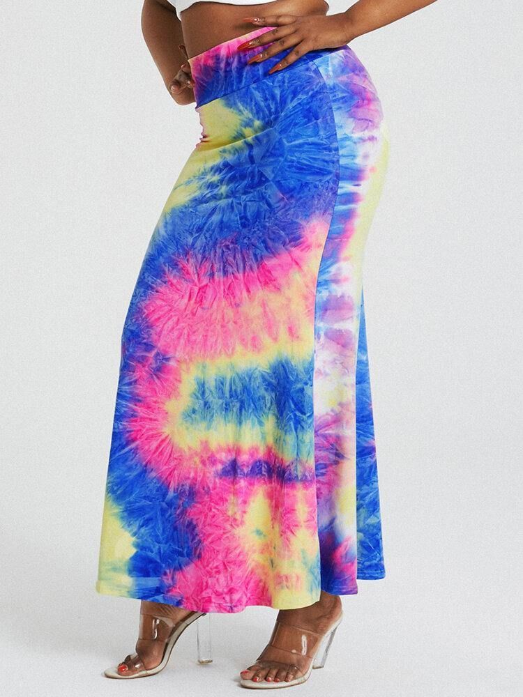 Tie Dye Print Hög Midja Skinkor Bodycon Lång Kjol