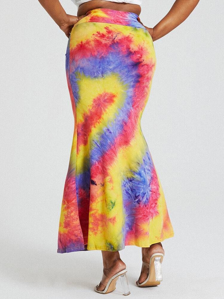 Tie Dye Print Hög Midja Skinkor Bodycon Lång Kjol