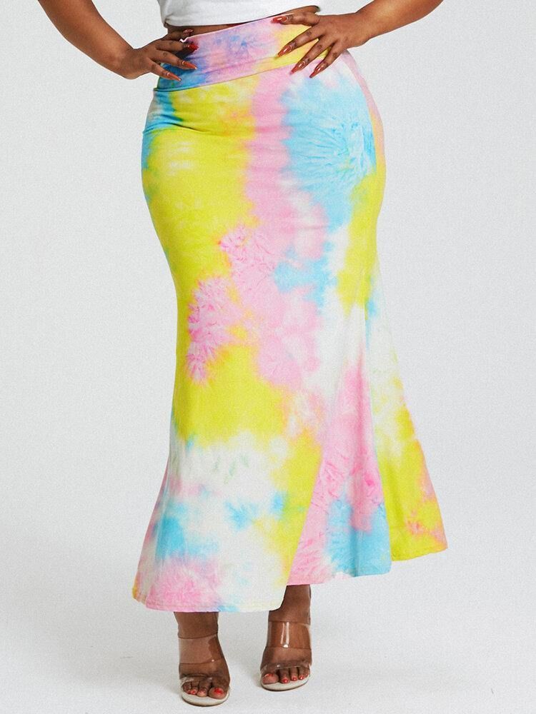 Tie Dye Print Hög Midja Skinkor Bodycon Lång Kjol