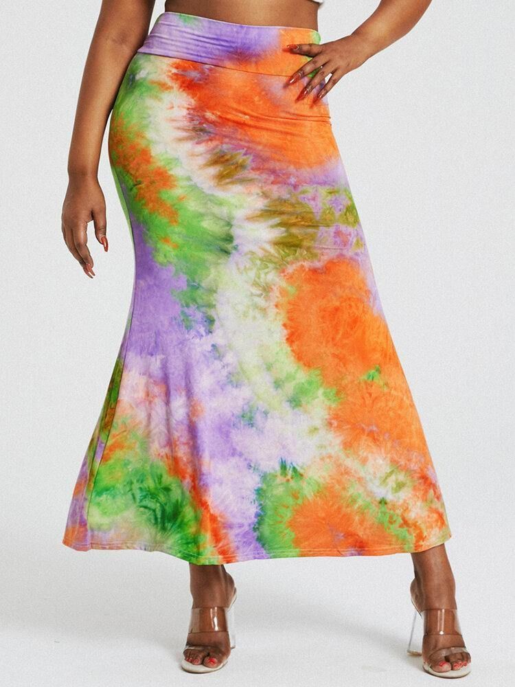 Tie Dye Print Hög Midja Skinkor Bodycon Lång Kjol