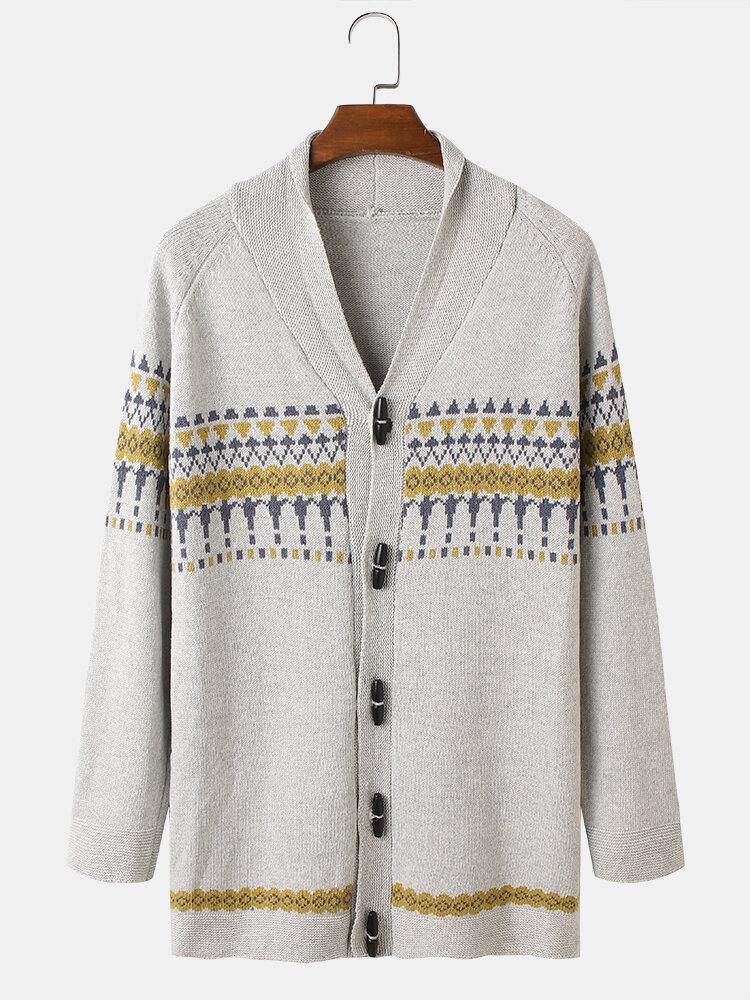 Herr Vintage Mönster Stickad Knapp Fram Casual Raglanärm Cardigans