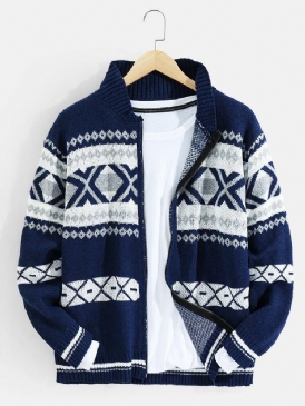 Tribal Mönster Stickad Basebollkrage För Män Vintage Tröja Cardigans