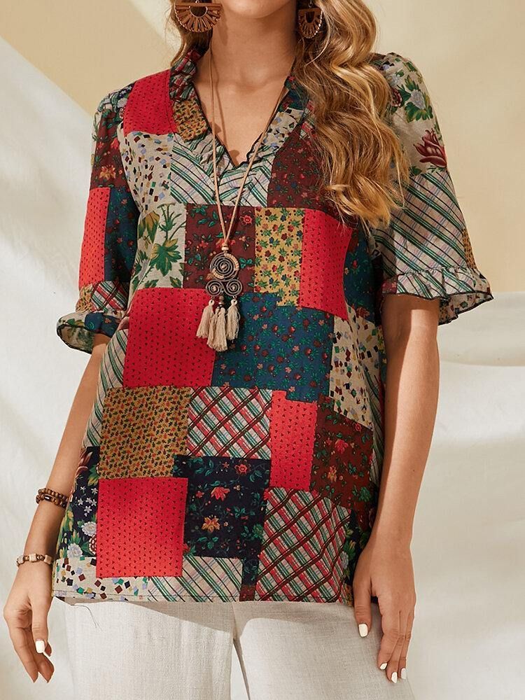 100% Bomull Patchwork Tryckt Casual Blus För Kvinnor