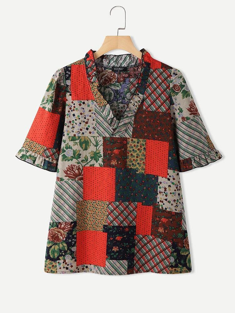 100% Bomull Patchwork Tryckt Casual Blus För Kvinnor