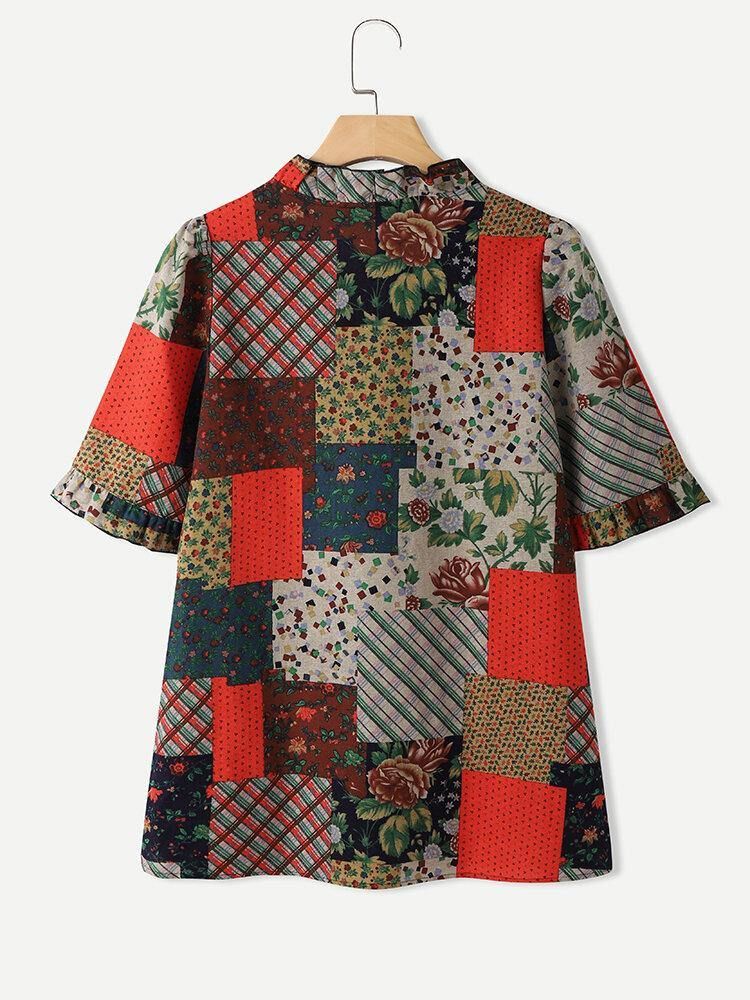 100% Bomull Patchwork Tryckt Casual Blus För Kvinnor