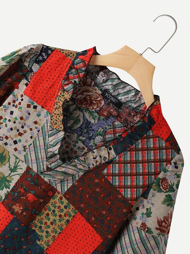 100% Bomull Patchwork Tryckt Casual Blus För Kvinnor